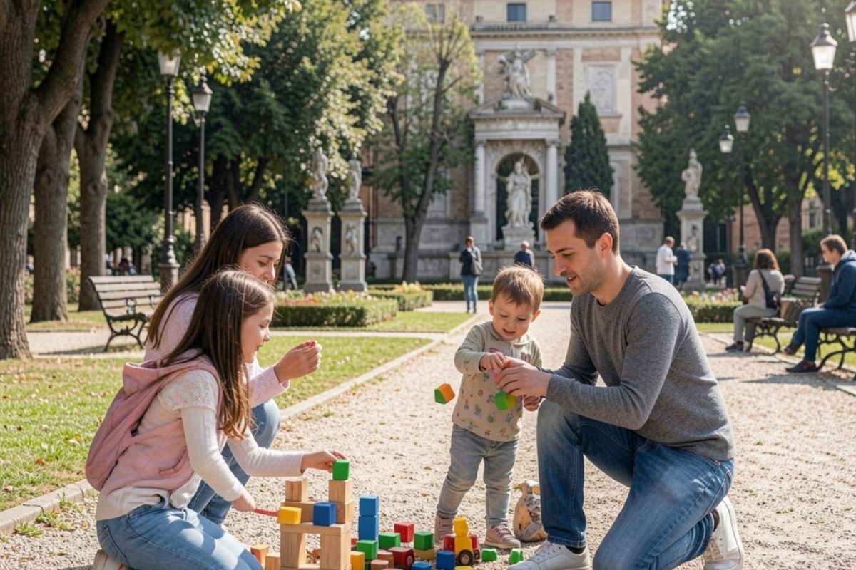 Famiglia che gioca al parco della Rimembranza a Cesena